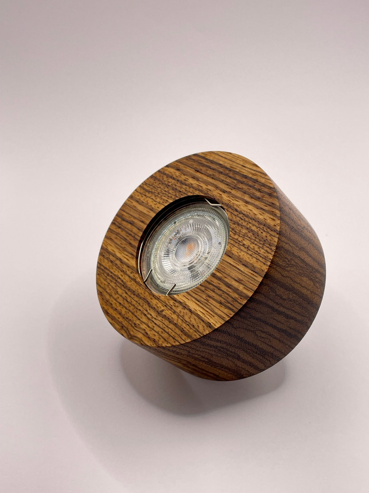 wood led ceiling spotlight zebrano perspective view displaying zebra stripe wood pattern
