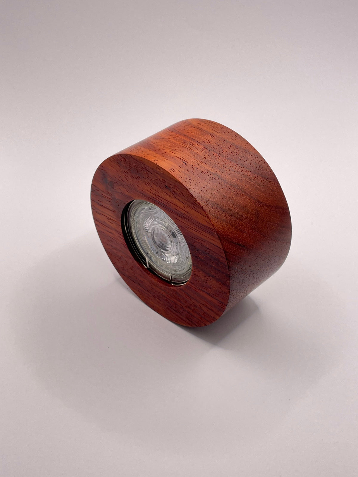 wood led ceiling spotlight padauk side view highlighting unique exotic hardwood shape