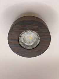 wood led ceiling spotlight wenge front view showing gu10 bulb in dark hardwood frame