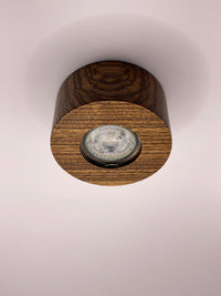 wood led ceiling spotlight zebrano front view with fitted gu10 led bulb
