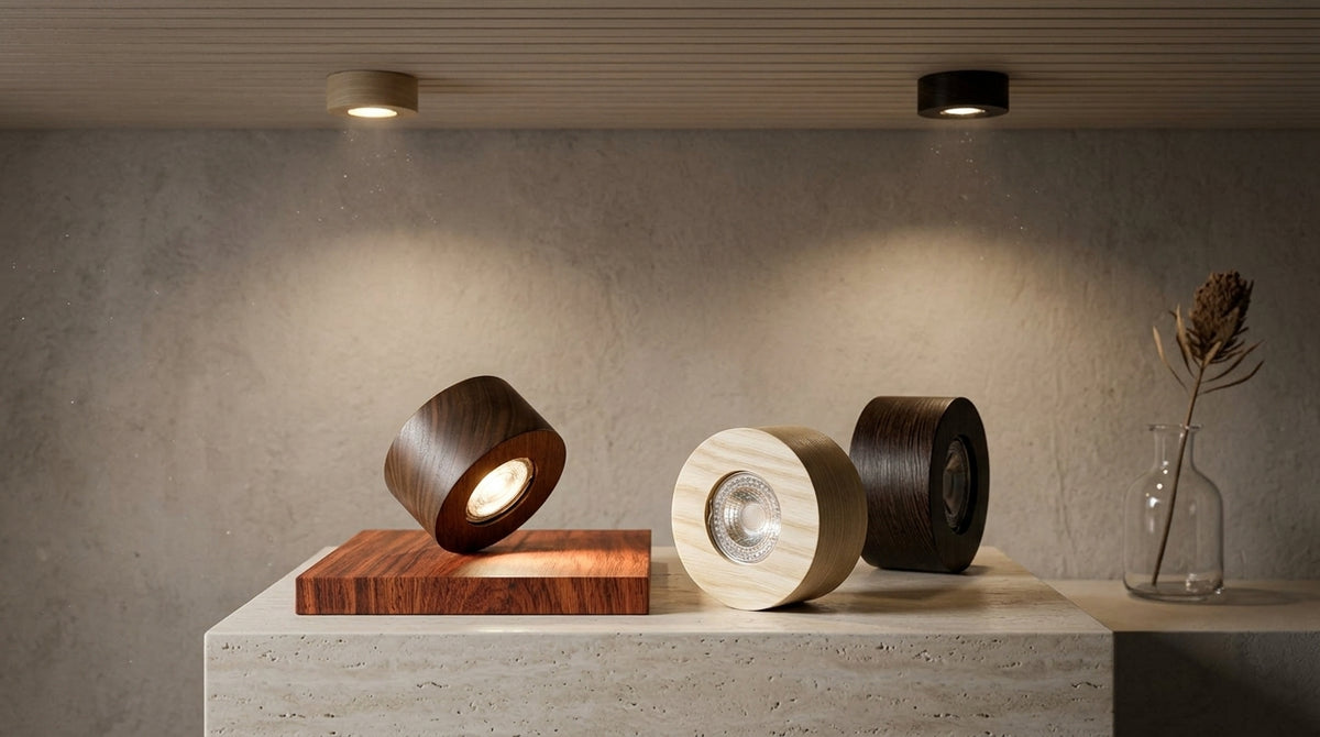 wood led ceiling spotlights made from wenge walnut and ash front view