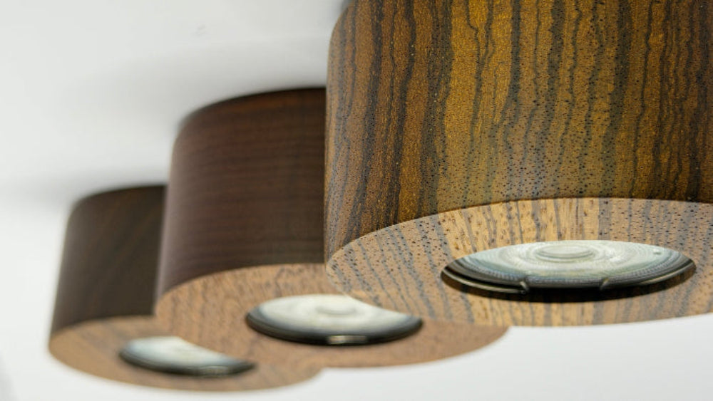wood led ceiling spotlights side view close up displaying zebrano natural wood grain texture